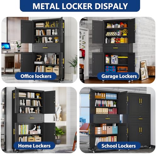 Ckzbx Metal Garage Storage Cabinet with Locking Drawers and Adjustable Shelves,74" H Rolling Tool Storage with Wheels for Garage,Office (Black)