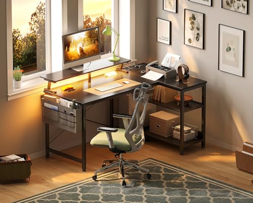 ODK 40 Inch L Shaped Gaming Desk with LED Lights, Power Outlets, Black - size: 40 Inch