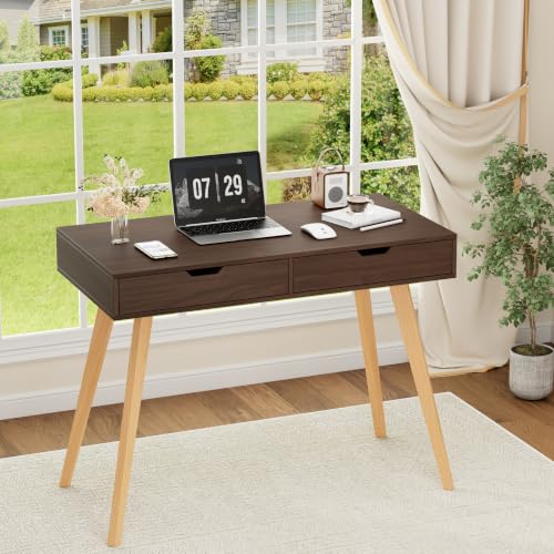FOTOSOK Computer Desk with 2 Drawers, Small Desk Makeup Vanity Table | Wood Writing Desk with 4 Solid Oak Legs, Home Office Desk & Study Table, Mid Century Desk for Bedroom Small Spaces, Walnut - color: Walnut