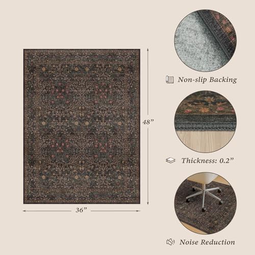 Dark Brown 3x4 Washable Office Rugs for Rolling Chairs, Small Low Pile Home Office Rug for Computer Gaming Chair, Slip-Resistant and Area Rug for Protecting Floors, Boho Taupe Floral Design - color: Forest - Dark Brown, size: 3' x 4'