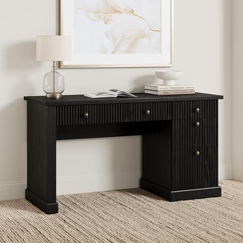 Garvee 54" Fluted Home Office Desk with File Drawer for Home Office - color: Black, size: 21.6"D x 54"W x 30"H