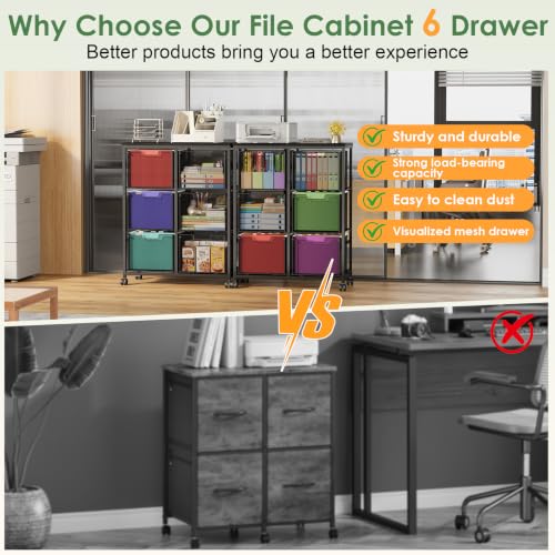 Sbanmao 6 Drawer Lateral File Cabinet with Wheels, Mobile File Cabinet & Printer Stand, Heavy Duty Wood Top for Large Printers, Under Desk Storage Cabinet Fits Letter Size Files for Home Office, Black - size: 6 Drawers