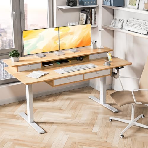 Kingant Electric Standing Desk with 4 Drawers, Height Adjustable 63"x 30" - color: Nature, size: 63" x 30"