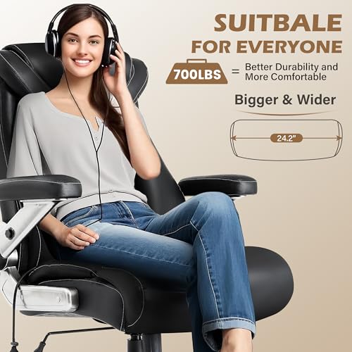 700lbs Leather Big and Tall Office Chair, Ergonomic Heavy Duty Executive Office Chair with 5D Flip Arms & Adjustable Lumbar Support & Dual Rubber Wheel, Large Thick Padded Extra Wide Seat, Black - color: Black
