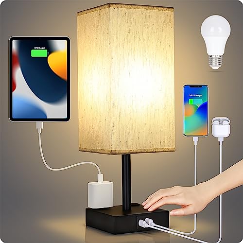 Bedside Table Lamp for Bedroom - Touch Small Lamp with USB C+A Charging Ports & AC Outlets, 3 Way Dimmable Nightstand Light for Living Room (LED Bulb Included, Flaxen) - color: Flaxen