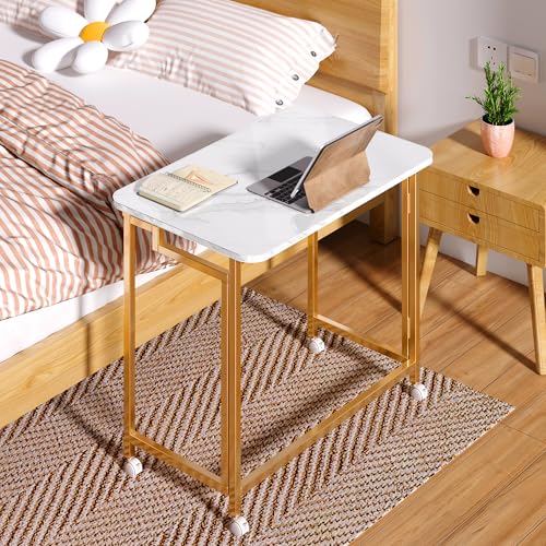 4NM 23.6" Mobile Small Rolling Computer Desk, Folding Laptop Cart Table with Wheels, Portable Office Desk for Small Space Couch Bed - White and Golden - color: White and Golden, size: 23.6"