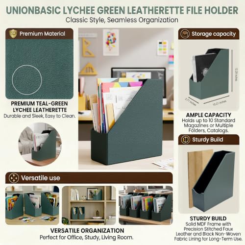 UnionBasic Magazine File Holder, Leatherette Desktop Document Organizer, Home Office Paper Holder File Storage Literature Sorter, Dark Ivy - color: Dark Ivy