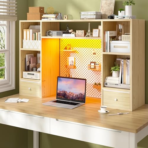 REIBII 47.2" Desktop Bookshelf, 6 Shelves & 2 Drawers, LED Lights, Natural - color: Natural