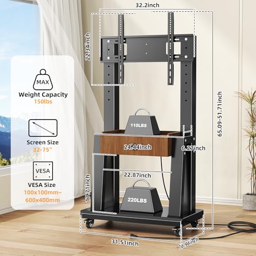 Mobile TV Stand on Wheels for 32-75 Inch TVs | with Drawer and Wheels,Height Adjustable,Screen Up to 150lbs,TV Stand for Bedroom,Indoor - color: Walnut