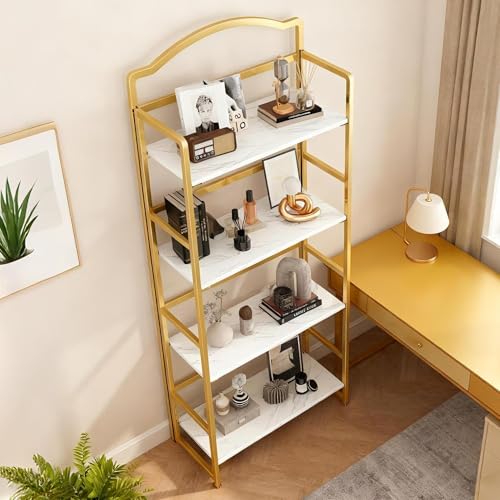 JSB 4 Tier No Assembly Folding Bookshelf, Arched Bookshelf, Foldable Bookcase for Living Room, Bedroom, Office,Skinny Bookshelf (White and Gold) - color: White and Gold, size: 4-Tier