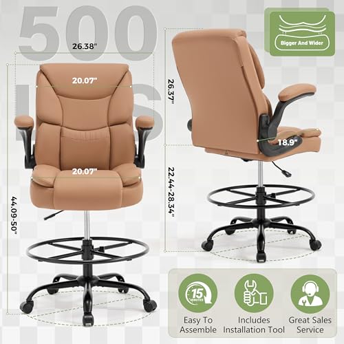500LBS Drafting Chair, High Back Safer Standing Desk Chair, Executive Tall Office Chair with Flip-up Armrests, Upholstered PU Leather Task Chair, Ergonomic Seat with Adjustable Height&Foot Ring, Brown - color: Brown