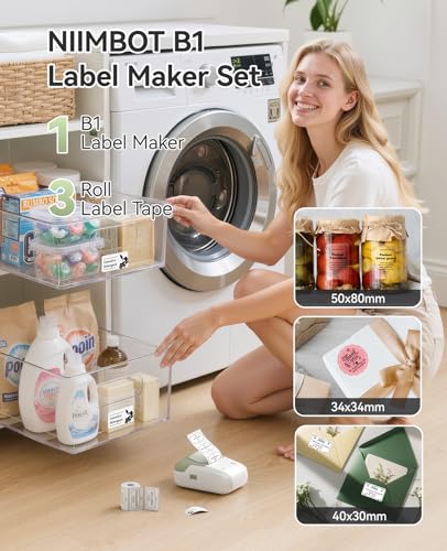NIIMBOT B1 Label Maker Machine with 3 Tapes, 2Inch Thermal Label Printer - color: Green, style: 1 Printer+3 Roll Labels
