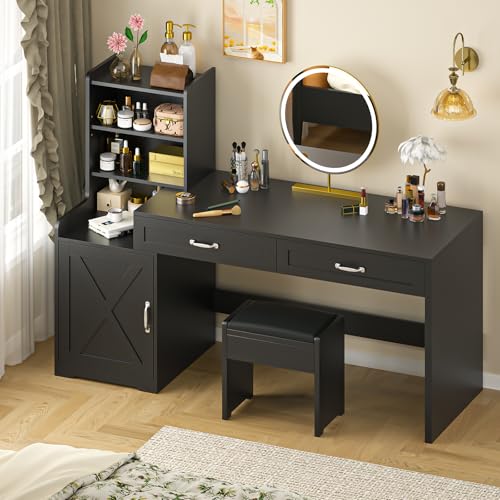 60" Computer Desk with Drawers & Bookshelves for Bedroom, Home Office - color: Black