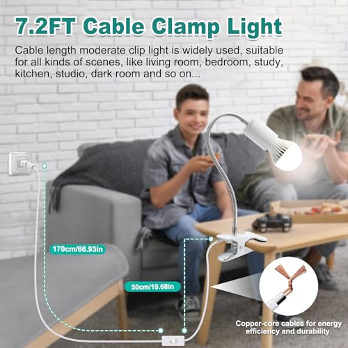 Desk Clip Lamp Holder, Clip on Light with Metal Clip Base,360° Flexible E26/E27 Book Clamp Light Fixture with 7.2 FT Cable, 9MM&350MM Thickened Lengthened Gooseneck Clamp Light Socket, for Study Work - color: white-1pc