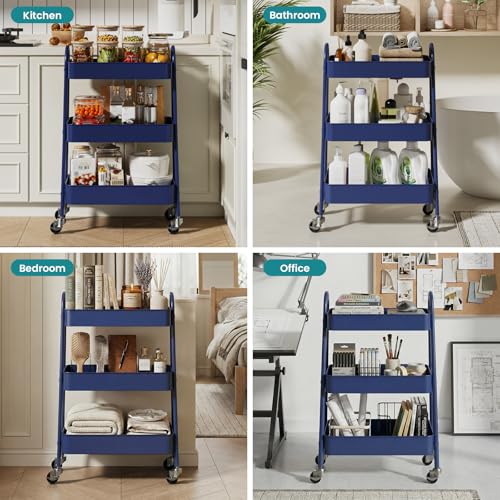 OLIXIS Metal 3 Tiers Rolling Storage Utility Cart with Lockable Wheels - color: Blue, size: 3-Tiered 17 inches