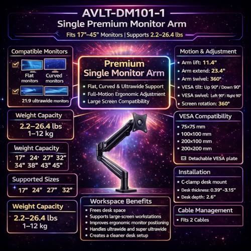 AVLT Single 17"-45" Monitor Arm Desk Mount Premium - Black - color: Black