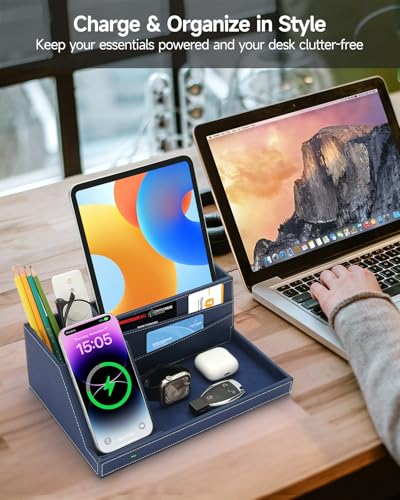 Desk Organizer with Charging Station, Nightstand Organizer Phone Docking Station, Men Gift Husband Wife Anniversary Dad Birthday Nightstand Purse Father Graduation Male Travel Idea Gadgets - color: Blue