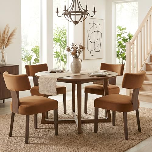 HNY Mid Century Modern Dining Chairs, Velvet Fabric Farmhouse Upholstered and Curved Backrest Kitchen Accent Chairs Set of 2, with Hardwood Frame, Burnt Caramel - color: Caramel Curved