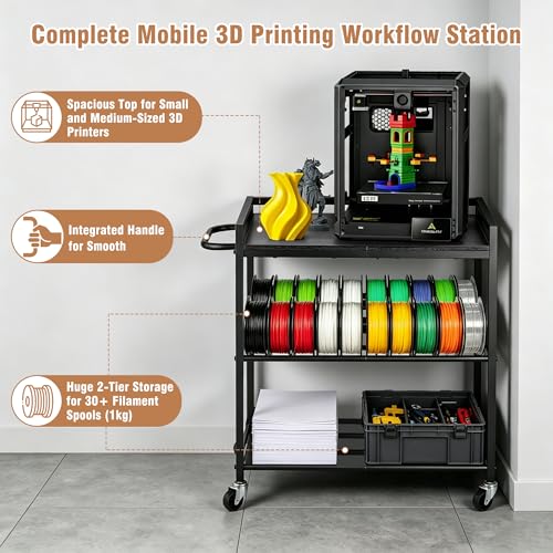 3D Printer Stand with Filament Storage, 3-Tier 3D Printer Desk Table Black | Wood Shelves, Wheels and Foot Pads, Compact Printer Shelf for Small to Medium Printers, Tools, PLA and Resin Storage