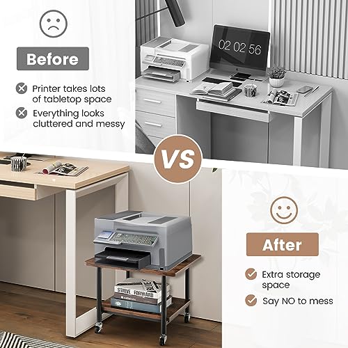 Tangkula 2-Tier Printer Stand, Under Desk Rolling Printer Cart - color: Rustic Brown, size: 2-Tier