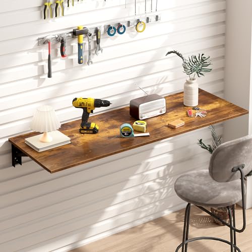 Need 47x20 Inch Wall Mounted Folding Table for Office Laundry Retro - color: Rustic Brown Desktop & Black Shelf Brackets, size: L47.2" * W20"