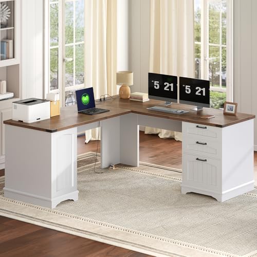 HOOBRO Farmhouse L Shaped Computer Desk, Computer Desk with Power Outlets, 59" Corner Office Desk with Filing Cabinet & Adjustable Shelves, for Home Office, Study, White and Walnut WH150UDN01