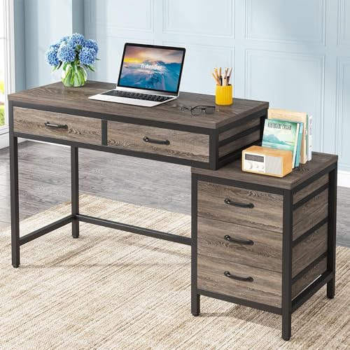 Tribesigns Computer Desk with 5 Drawers, Reversible Home Office Desks - color: Grey