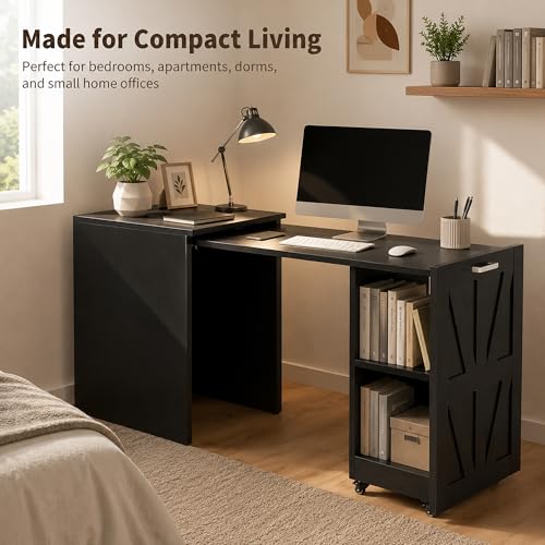Foldable Pull-Out Desk with Charging Station and Storage, Black