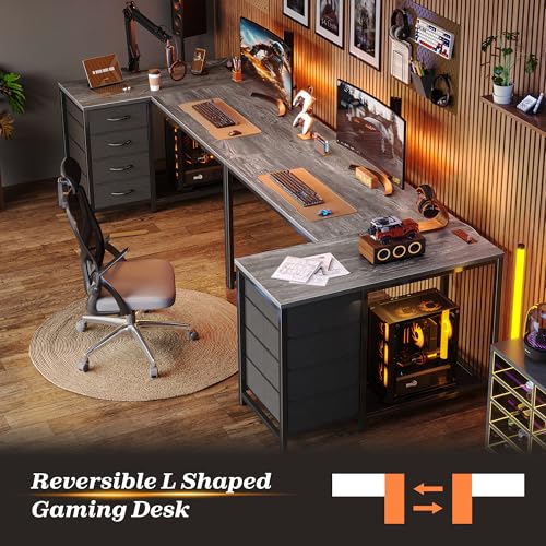 PRAISUN 43.3" Small L Shaped Desk with Power Outlets & 4 Drawers - color: Grey, size: 43.3 Inch