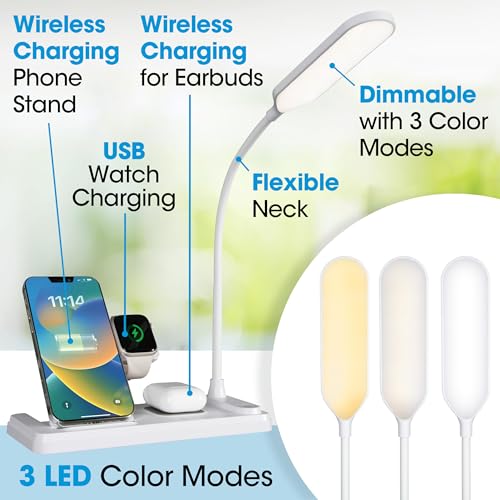 OttLite LED Desk Lamp with Multi-Device Wireless Charging Station, White | Smartwatch Charging Stand | 3 Color Temperature Modes | Flexible Neck | ClearSun LEDs Reduce Eyestrain