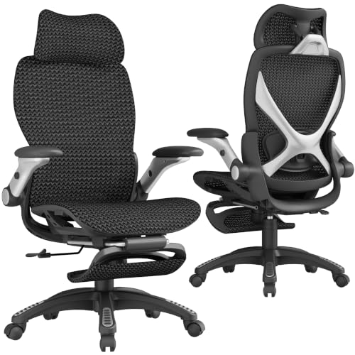 ELABEST X100 Ergonomic Mesh Office Chair with Footrest, Big and Tall Home Desk Chair with 5D Flip-Up Arms, Adjustable 3D Lumbar Support, Gaming & Executive Computer Chair (Wave Black) - color: Wave Black