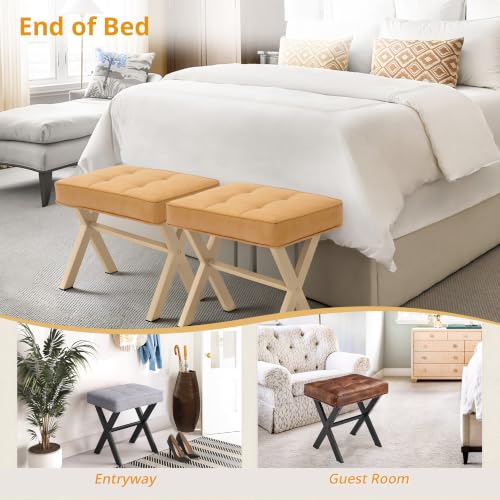 LUE BONA Vanity Stool, Square Linen Makeup Stool with Metal X Legs, Small Ottoman Stool Chair for Vanity, Modern Padded Vanity Seat Foot Rest Stool for Makeup Room, Bathroom, Honey Brown Color - color: Honey Brown