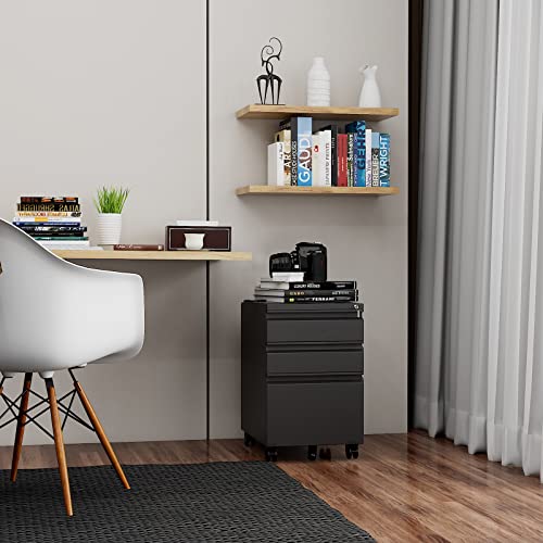 3 Drawer File Cabinet with Wheels, Metal Filing Cabinet with Lock, Office Rolling File Cabinets for A4/Legal/Letter Size, Assembly Required, Black - color: Black, size: 3 Drawer (Wheel)