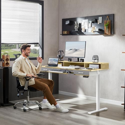 WALKINGDESK 55 Inches Electric Standing Desk with Keyboard Tray, Height Adjustable Sit to Stand Table with 2 Drawers, Ergonomic Home Office Desk with Storage Shelf, Computer Table, Oak - color: Oak, size: 55x24