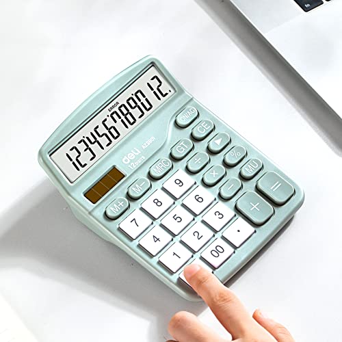 Calculator, Deli Standard Function Desktop Calculators with 12 Digit Large LCD Display and Sensitive Button, Solar Battery Dual Power Office Calculator, Green - color: Green