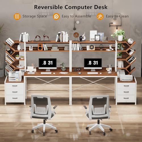 YOMILUVE 52" Computer Desk with Bookshelf, 3 Drawers & Hutch for Bedroom | Office Desk with Printer Shelf, Study Writing Desk with Storage Shelves, Brown and White - color: Brown and White