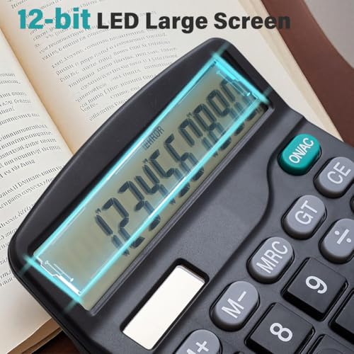 12 Digits Desktop Calculator with Large LCD Display and Sensitive Button, Dual Solar Power and Battery, Standard Function for Office, Home, School, Black