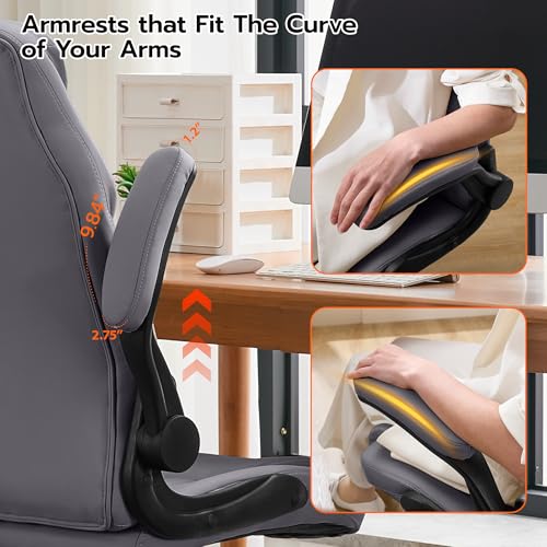 Ylzyxal Office Desk Chair, Ergonomic Computer Chair with Padded Flip-Up Arms and Adjustable Lumbar Support, PU Leather Executive Chair with Tilt Lock and 360° Swivel Rolling Wheels for Work, Study - color: Grey