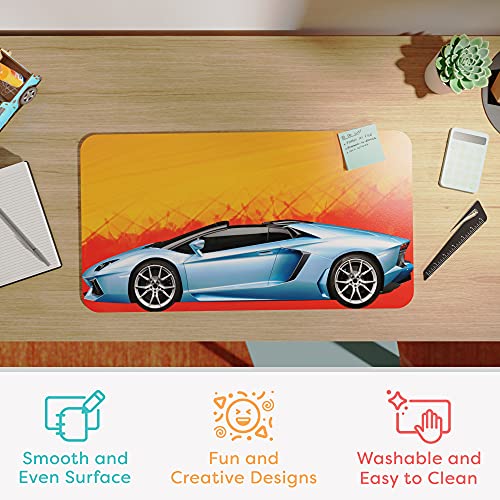 Kid's Desk Mat - for Schoolwork Arts & Crafts - Fun Computer & Mouse Pad Blotter - Washable Table Cover - Student School Organizer - Cute Office, Home, School Supplies - Car Design