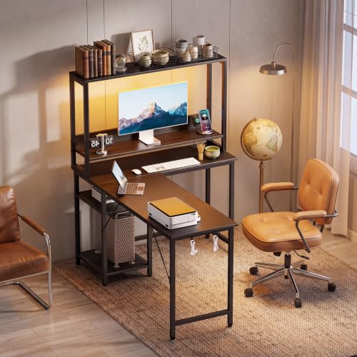 OLIXIS L Shaped Desk, Gaming Desk, LED Lights, 53 Inch | Power Outlets, Reversible Corner Home Office Table, Adjustable Shelf CPU Stand, Black - size: 53.1 IN