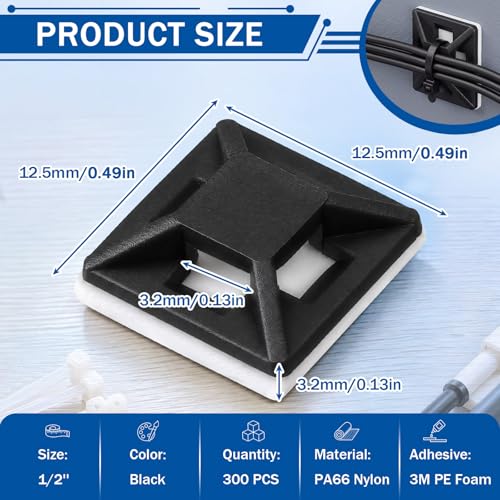 Reallnaive 300 Pcs 1/2'' Self Adhesive Cable Zip Tie Mounts for Desk, Black - color: Black, size: 1/2''