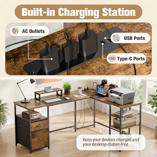 Shahoo 65.3" L Shaped Computer Desk, Corner Home Office Desk with Power Outlets, Ergonomic Monitor Stand, File Drawers & Storage Shelves, Rustic Gaming Desk for Working from Home