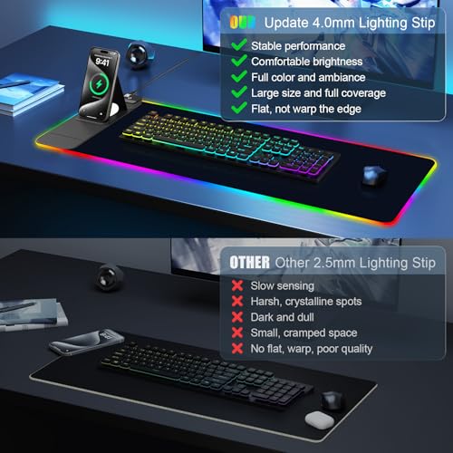 RGB Mouse Pad with Foldable Phone Stand & Wireless Charger, 31.5"x11.8" XL Gaming Mousepad Large Desk Mat, Desk Pad with Dual Charging for Phone & AirPods | 11 Colors & 5 Modes | Waterproof - color: Black Touch Control Stand XL