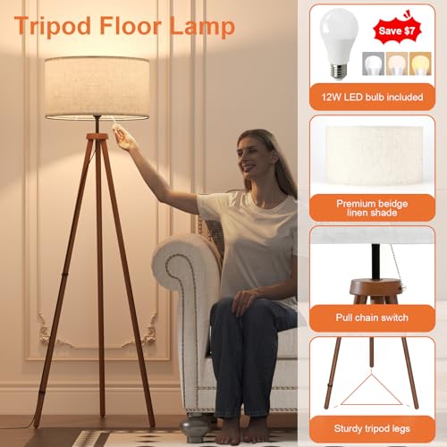 LiteHistory Wood Tripod Floor Lamps for Living Room, Bedroom, and Office,Standing lamp with Beige Linen Shade, 12W Three-Color Bulb Included, Pull Chain Switch, Tall lamp for Mothers Day Gifts, Brown - color: Brown floor lamps