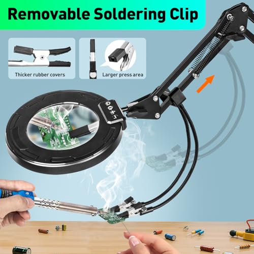 12X Magnifying Glass with Light and Stand, Soldering Helping Hands | 3-Section Swing Arm Workbench Lighted Magnifier, 5 Color Stepless Dimming, LED Desk Lamp with Clamp for Craft Repair Reading - color: Black, size: 12X