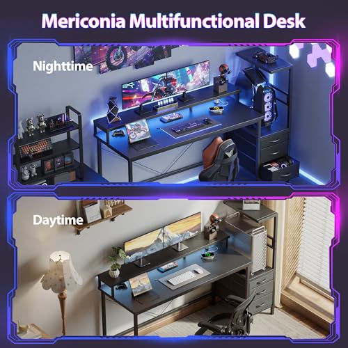 Mericonia 68 inch Gaming Desk with Drawers, Reversible Computer Desk, Black - color: Black, size: 68*20