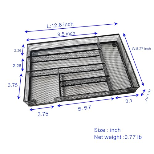 Desk Drawer Organizer Metal Mesh Drawer Organizer Tray for Office School or Home Supplies Desktop Storage Stationery,6 Compartments, 12.6 x 8.27 x 1.57 inch,Black (1pc pack)