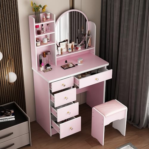ECACAD Vanity Desk Set with Round Mirror, Makeup Dressing Table with 5 Drawers, Storage Shelves & Cushioned Stool for Bedroom, Pink - style: Pink-Without Light