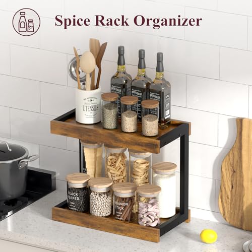 MARTY Counter Shelf Organizer, Large Spice Rack for Countertop, Brown - color: Rustic Brown, size: Large
