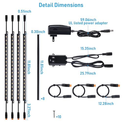 TORCHSTAR 4pcs 12 Inch LED Safe Lighting Kit, Motion Sensor, 3CCT | UL Power Adapter, Input 100-240V, Linkable Gun Safe Light Bars, 600LM, for Under Cabinet Locker Closet, 3000K/4000K/5000K - color: 3CCT